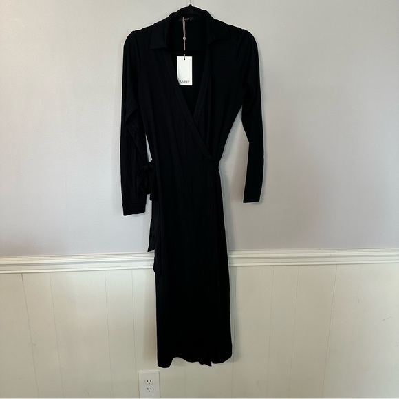 Quince Women’s 100% Silk V-Neck Jersey Midi Wrap Dress in Black Sz S NWT - Picture 2 of 10